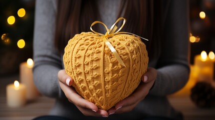 Wall Mural - Close-up on female hands holding a gift in a yellow heart shape, presents for Valentine's Day, Birthday, Mother's Day.