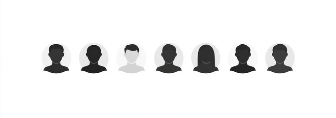 Set of icons for user profile, minimalistic design, white background, black and grey colors only, simple shapes, vector graphics. The set includes a people icon in the middle with a portrait avatar ci