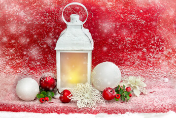 Wall Mural - christmas decoration. christmas lantern, white and red balls, flower of white openwork poinsettia, r