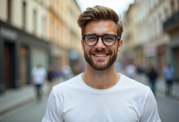 Wall Mural - A young man with a beard and glasses smiles at the camera in a city street.