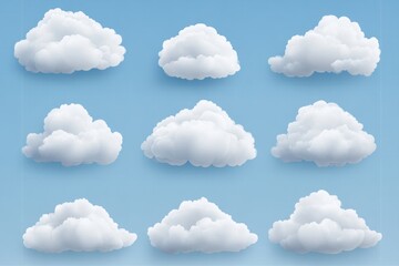 Vector flat cartoon white clouds set on a blue background, simple shapes, vector graphics, flat design style, simple lines, white cloud collection, simple design, white cloud icons, white clouds in th