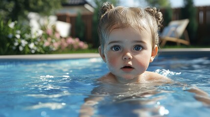 Portrait of small toddler girl in swimming pool outdoors in backyard garden.