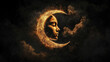 © Shelinaakter - Golden crescent moon with a serene face surrounded by dark clouds at night