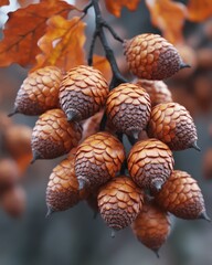 Poster - A cluster of acorns hangs from a branch, their intricate textures and warm autumnal hues creating a captivating natural scene.