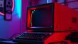 © SusDmi - A vintage computer with a CRT monitor and neon color lights, reminiscent of 80s or 90s technology, perfect for retro-themed designs or nostalgia-inducing content, comic art, with white tones