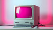 © SusDmi - A vintage computer with a CRT monitor and neon color lights, reminiscent of 80s or 90s technology, perfect for retro-themed designs or nostalgia-inducing content, flat design, with white tones