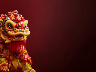 Chinese lion dance performance with vibrant costumes on red wallpaper