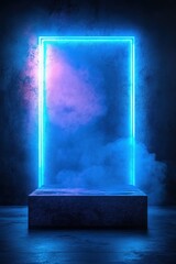 Canvas Print - minimalistic scene with glowing neon frame on a rocky pedestal surrounded by mist and vibrant colors