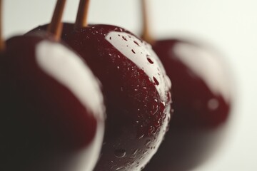 Wall Mural - three ripe cherries with water droplets