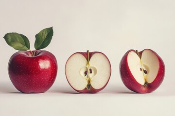 Wall Mural - Three red apples on a white background, one whole and two cut in half