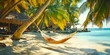 © Irina Ukrainets - A tranquil beach scene features a hammock tied between palm trees. Soft waves lap at the shore. The warm sun creates a serene atmosphere, ideal for relaxation.
