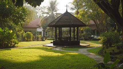 Sticker - Serene Garden Chapel with Soft Light and Peaceful Atmosphere