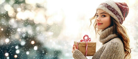 Young woman with wavy hair, wearing a winter hat, holding a gift in a snowy setting.