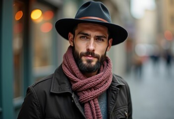 Wall Mural - A bearded man in a black hat and scarf looks intensely at the camera.