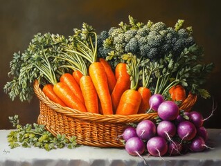 Wall Mural - still life of carrots, radishes, and broccoli in a basket