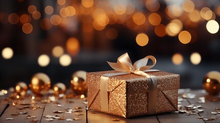 Wall Mural - gift box on table with blur Christmas tree and golden festive bokeh light background