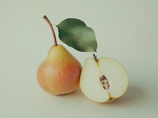 Wall Mural - two pears, one whole and one sliced in half, with a leaf on a light background