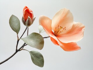 Wall Mural - a peach colored flower with a bud on a branch against a white background