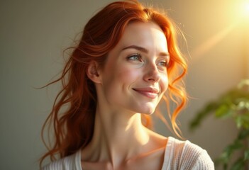 Wall Mural - A young woman with long red hair smiles softly as she looks off to the side.