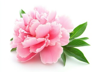 Wall Mural - Close up of a pink peony flower with green leaves