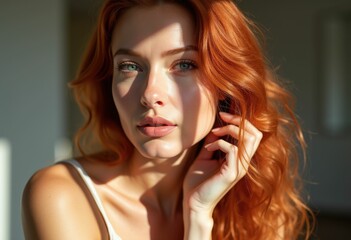 Wall Mural - A woman with long red hair and a soft smile looks at the camera  sunlight shining on her face.