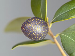 Wall Mural - close up of a blue berry with yellow spots on a branch with leaves