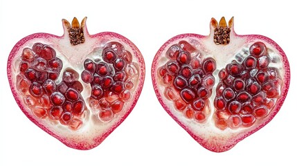 Wall Mural - Close up of two halves of a pomegranate fruit on a white background