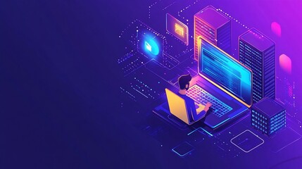 Programmer working on laptop, connected to servers.