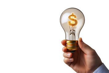 A hand holds a lit light bulb with a dollar sign filament, isolated on a transparent background.