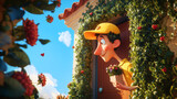 Cheerful animated character wearing a yellow cap delivering a bouquet of flowers, surrounded by vibrant greenery and red hearts 