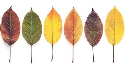 Six autumn leaves in various colors, arranged in a row on a white background.