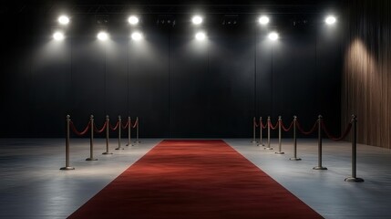 A stunning red carpet lined with velvet stanchions and illuminated by spotlights sets the stage for an upscale movie premiere entrance