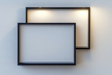 two empty black frames with lights are displayed on a wall