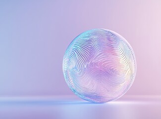 Wall Mural - A holographic, hollow sphere with a gradient pearlescent texture, appearing as a round metal shape, isolated on a purple background as a 3D render.