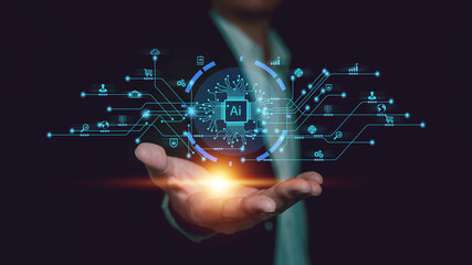 ai technology artificial intelligence. businessman use ai smart robot by chat and commands prompt to