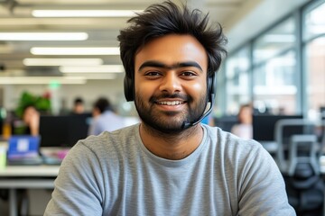 Smiling indian brown skin young customer service representative wearing headset in modern office