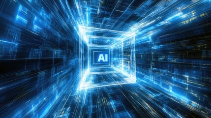 AI letters in cyberspace. Virtual reality, programming and information technology of the future. Artificial intelligence, digital code data and cybersecurity