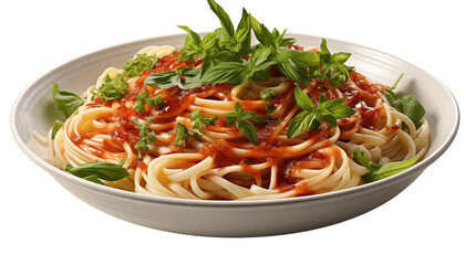 Poster - Italian-style pasta served in a white bowl, coated in rich tomato sauce and garnished with fresh basil, studio view, isolated on transparent background.