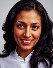 Wall Mural - smiling woman, long black hair, white shirt