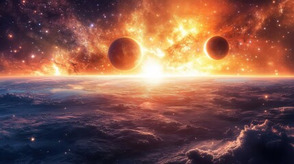 Celestial event with rings of light around a bright orb, shadowy silhouettes of distant planets.