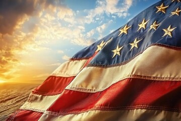 Wall Mural - close up of american flag with sunset sky