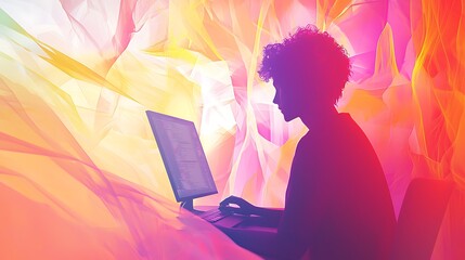 Silhouetted Person Working on Computer Code in Vibrant Hues