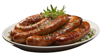 Smoky and tender bratwurst sausage displayed on a clean plate, a staple of classic German cuisine, studio view, isolated on transparent background.