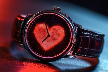 Elegant wristwatch featuring a red glittering heart on its face, representing the preciousness of time intertwined with love and romance, perfect for celebrating special moments