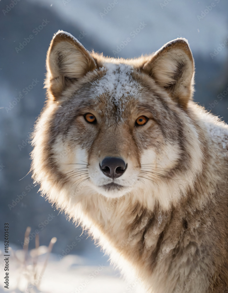 portrait of wild animals in snow, like tigers, lynxes, and wolves.