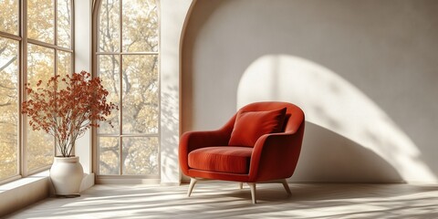 Wall Mural - Red armchair against arch wall and window. Minimalist, scandinavian interior design of modern living room