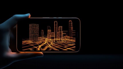 Wall Mural - Hand holding phone displaying city's 3D model.