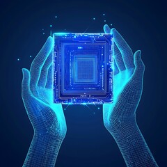 Wall Mural - abstract hand holding 3d semiconductor in digital innovation image