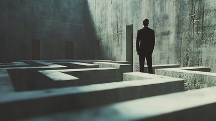 Adventurous man gazing at towering maze under golden evening light image