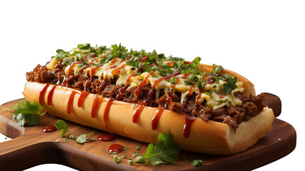 Poster - Mouthwatering cheesesteak loaded with beef and cheese, capturing the essence of American street food, studio view, isolated on transparent background.